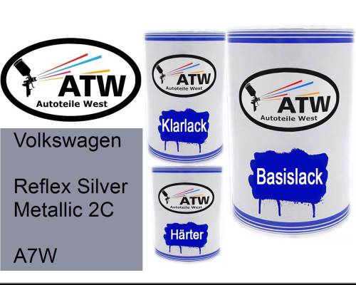 Volkswagen, Reflex Silver Metallic 2C, A7W: 500ml Lackdose + 500ml Klarlack + 250ml Härter - Set, von ATW Autoteile West.